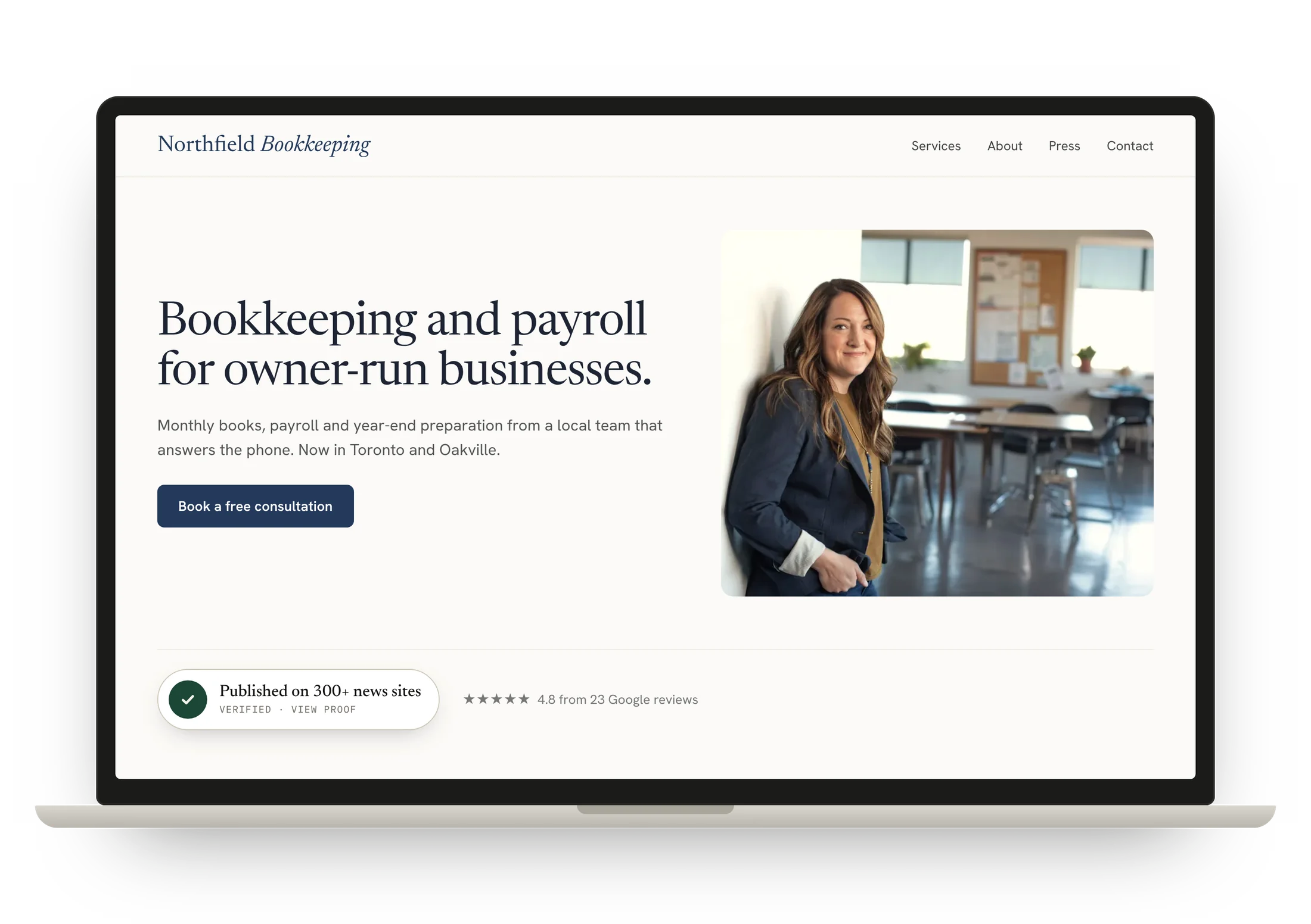 A small business website showing a Published on badge